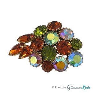 Vintage Green Orange & AB Rhinestones Autumn Leaf Shaped Gold Tone Brooch